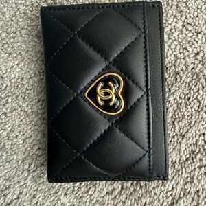 Chanel Black Card Holder with Gold Heart Detail